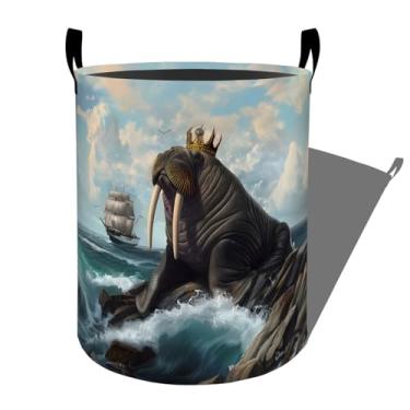 Imagem de Regal Walrus com coroa à beira-mar cesto de roupa suja com alças, 50 x 39,9 cm, organizador de cesto de roupa dobrável para dormitório, berçário, quarto, banheiro, caixa de armazenamento de brinquedos