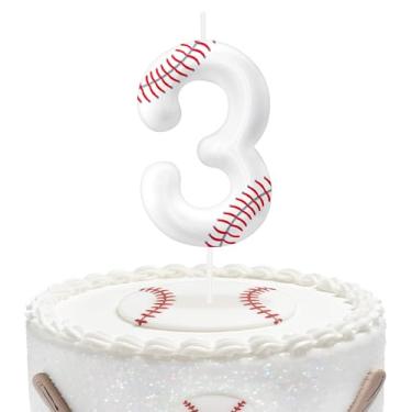 Imagem de Velas de aniversário de beisebol número 3, topo de bolo com tema de beisebol para meninos e meninas, decorações de bolo para aniversários, suprimentos de festa com tema esportivo, velas para