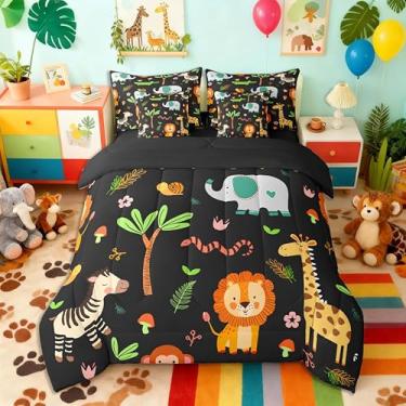 Imagem de Feelyou Jogo de cama solteiro com estampa de animais fofos, leão, girafa, elefante, macaco, zebra, zoológico, 7 peças, para decoração de quarto de microfibra macia