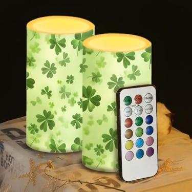 Imagem de Luarisgur Velas de folhas verdes operadas por bateria sem chama com decorações remotas de outono velas falsas de LED para quarto de casa decoração de mesa de dia de São Patrício 7,6 cm conjunto de 2