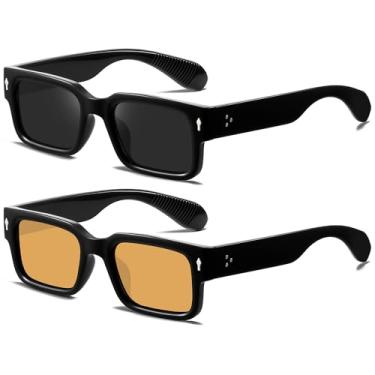Imagem de YDAOWKN Óculos de sol com armação quadrada para mulheres e homens, óculos de sol retangulares grossos e modernos com proteção UV400, Armação preta B lente preta + armação preta lente amarela, 2pack