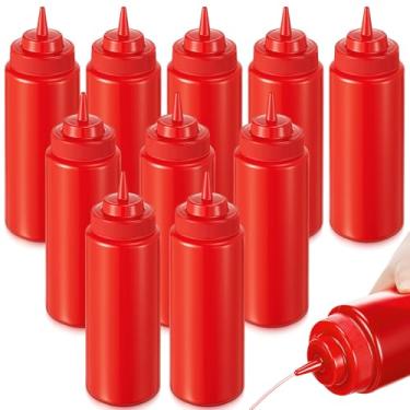 Imagem de Singhoow 10 garrafas de apertar de 946 ml, garrafas grandes de plástico de boca larga para molhos de condimentos, chocolate, ketchup, mostarda, churrasqueira, restaurante, (vermelho)