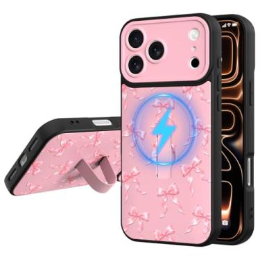 Imagem de Fiyart Capa projetada para iPhone 17 Pro com alça de pulso, lindo laço moderno para mulheres e meninas, padrão de laços de fita de ajuste fino compatível com Magsafe TPU rígido PC traseiro à prova de