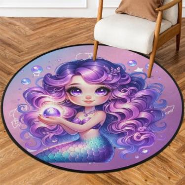 Imagem de Tapete redondo de 1,5 m roxo sereia dos sonhos tapetes de área circular antiderrapante lavável tapete de porta para interior quarto berçário sala de estar cozinha banheiro entrada casa tapete