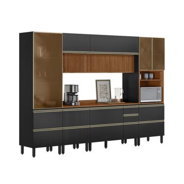 Imagem de Armário de Cozinha Compacta com 3 Vidros Reflecta Proença Ripado 9 Portas 11 Gavetas Carbono e Nogueira