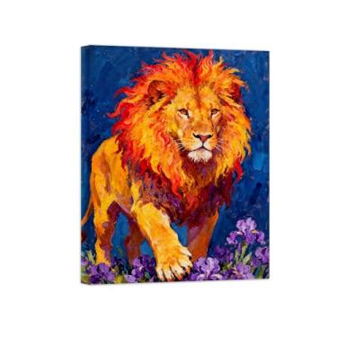 Imagem de Animais Pintura Arte Parede - Leão em Flores - Impressões em tela - Moderno Colorida Pôster para decoração sala de estar 60x80cm Tela Embrulhada