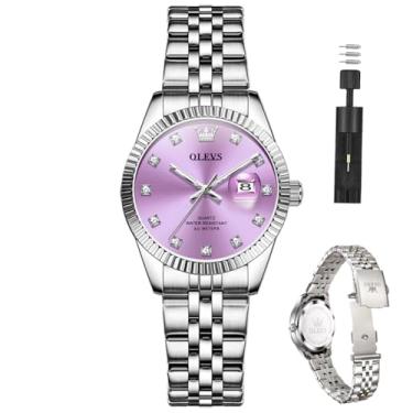 Imagem de OLEVS Relógio feminino prata para mulheres, vestido de diamante, relógios femininos para pulso pequeno, de aço inoxidável, à prova d'água, analógico, quartzo, data, elegante, relógio para mulheres