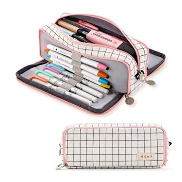 Imagem de Estojo grande para lápis da Angoobaby, 3 compartimentos, bolsa lápis de lona para adolescentes, meninos, meninas, estudantes., Pink Strip Black Grid, 1