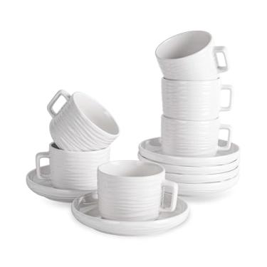 Imagem de CHILDIKE Xícaras de cappuccino de porcelana com pires, conjunto de 6 xícaras de café de cerâmica branca de 227 g, bom para latte, americano e chá, seguro para micro-ondas e lava-louças, textura