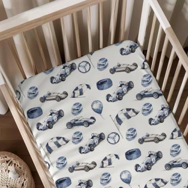 Imagem de Capacetes de corrida de carros com estampa de balões para berço, lençol de baixo unissex para berçário de carro para meninos e meninas, lençol com elástico padrão para berço e colchão-28 x 52