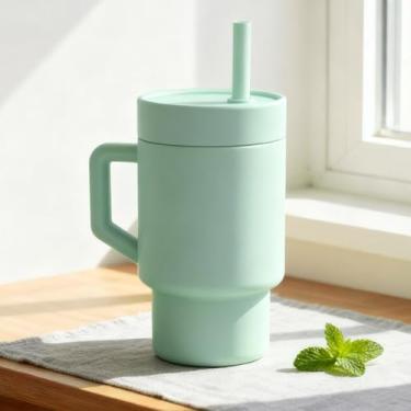 Imagem de Copo de silicone de 325 ml com alça, tampa rosqueada e canudo de silicone macio removível, garrafa de água reutilizável, presentes para meninos e meninas, verde