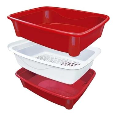Imagem de Caixa de Areia Higiênica para Gatos com Sistema de Peneira, Vermelha, Polipropileno, 3 Peças, 37,5x48x16cm, Limpeza Prática