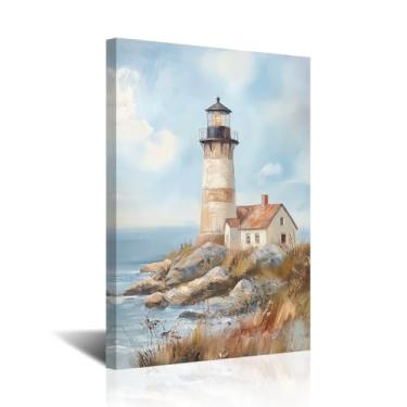 Imagem de CXHOSTENT Imagens de farol arte de parede decoração de banheiro costeiro oceano paisagem marítima impressões em tela pinturas de praia cenário náutico arte decoração de casa emoldurada (branco, 61 cm