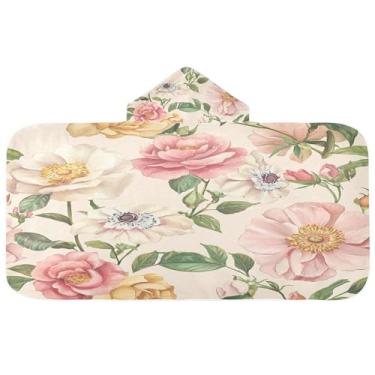Imagem de Burbuja Toalha de banho com capuz de flores para crianças, toalha de praia de pelúcia macia absorvente para chá de meninas e meninos 3-10 anos, 61 x 127 cm