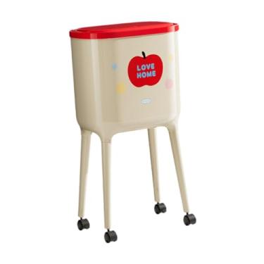 Imagem de Baoblaze Lixeira de pressão com rodas, 16L, minimalista, com tampa, base alta, ideal para uso doméstico, em escritórios e cozinhas, Branco Vermelho