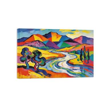 Imagem de Pintura abstrata de parede - árvore colorida do rio da montanha - imagem de decoração moderna - impressões em tela para sala de estar pronta para pendurar tela embrulhada 60 x 90 cm 24 x 35 polegadas
