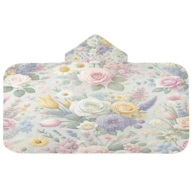 Imagem de Burbuja Toalha de banho com capuz de flores de jardim para crianças, toalha de praia de pelúcia macia absorvente para chá de meninas e meninos 3-10 anos, 61 x 127 cm