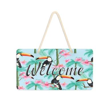 Imagem de Burbuja Placa de boas-vindas de hibisco de tucanos para porta da frente, placa de boas-vindas de PVC para pendurar na parede, decoração de férias, 15 x 28 cm