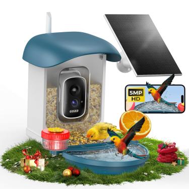 Imagem de Alimentador de pássaros com câmera de vídeo ao vivo de 5 MP, IA inteligente alimentada por energia solar, identifica espécies de pássaros, câmera WiFi 2,4 G à prova de esquilos, banho de pássaros 2 em