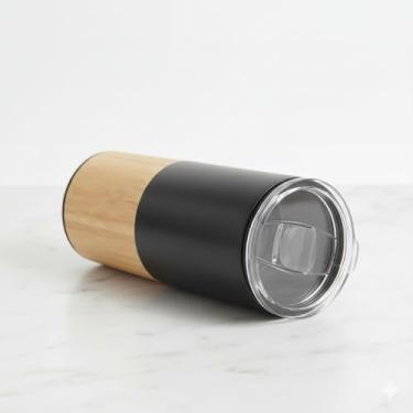 Imagem de Copo Térmico Inox 550ml Parede Dupla com Detalhe em Bambu – Mantém Bebida Quente ou Gelada – Tampa Antivazamento – Opções Preto/Branco/Prata – Uso no Trabalho, Carro e Lazer (Preta)