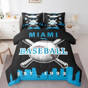 Imagem de Erosebridal Conjunto de edredom de beisebol com lençol de softball, solteiro, 7 peças, para decoração de quarto de crianças, meninos, adolescentes, beisebol, cidade, (Miami), preto e azul