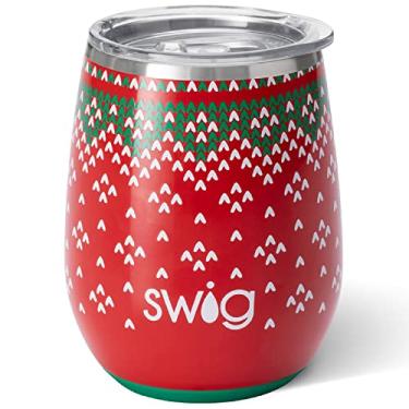 Imagem de Swig Life Copo de vinho de 400 ml com tampa, aço inoxidável, lavável na lava-louças, sem haste, portátil, com isolamento triplo no clima do suéter e estampa de Natal