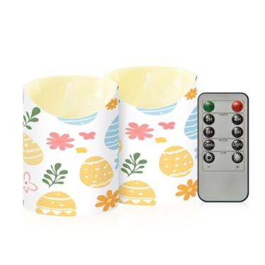 Imagem de Wassud Pacote com 2 velas coloridas de ovo de Páscoa sem chama com controle remoto, velas realistas cintilantes com temporizador, velas decorativas para Natal, casamento, festa, decoração de casa