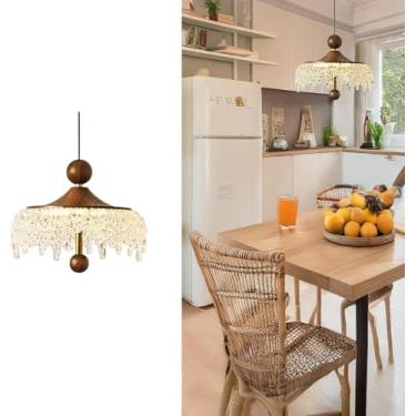 Imagem de Luminária pendente moderna e artística, estilo francês vintage retrô, em madeira de nogueira com cúpula de vidro Iceberg em formato de gota d'água, dimerizável por toque, mini lustre para sa