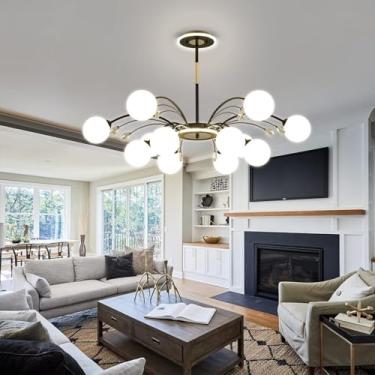 Imagem de Lustre Sputnik Dourado, Lustre Moderno de Meados do Século XX, Luminária de Teto com Decoração em Cristal, Luminária Pendente com Cúpula de Vidro Branco Leitoso para Sala de Estar, Cozinha,