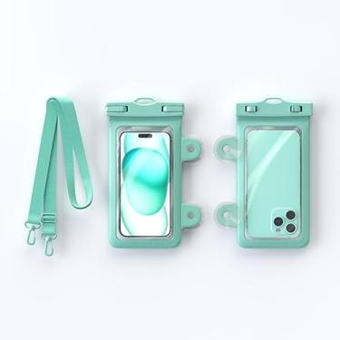 Imagem de Bolsa de telefone impermeável, montada na parede com ventosas. Bolsa de telefone seca para banho. Adequada para todos os modelos de iPhone. Vem com cordão e várias opções de cores verde ciano