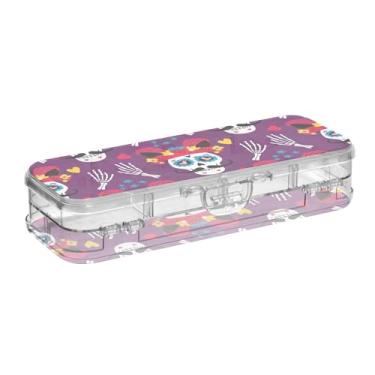 Imagem de Joisal Caixa de lápis colorida de caveiras de dia morto roxa, linda caixa de giz de cera de plástico rígido com tampa de encaixe para meninos adolescentes escolares arte engraçada 21 cm C x 7,6 cm L x