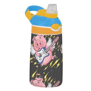 Imagem de Garrafa de água infantil engraçada de porco preto com canudo 473 ml 473 ml Garrafa de água de plástico Tritan à prova de vazamento, reutilizável para viagem, portátil, alça de transporte