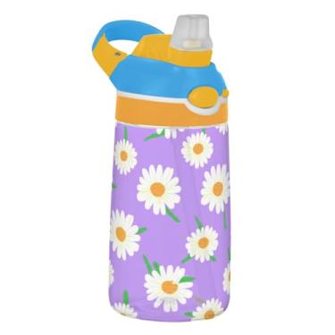 Imagem de White Daisies Garrafa de água roxa infantil com canudo 473 ml Tritan 473 ml Garrafa de água de plástico portátil reutilizável copos de viagem para crianças, à prova de vazamento, alça de transporte
