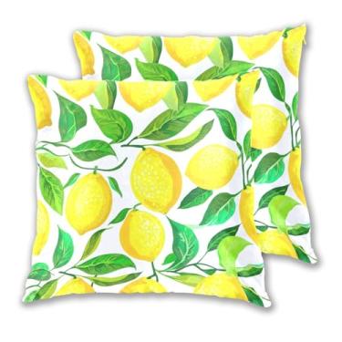 Imagem de Joitme Conjunto de 2 capas de almofadas brancas com folhas de limões amarelos, capas de almofadas grandes para sala de estar, 50 x 50 cm, 2 peças