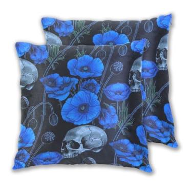 Imagem de Joitme Conjunto de 2 capas de almofadas pretas de caveira de flor azul legal, estampa de almofada de destaque fofo, capas decorativas para sofá, 50 x 50 cm, 2 peças
