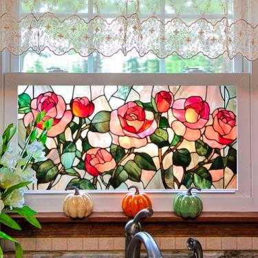 Imagem de Película de privacidade para janela de vitral de flor de rosa decorativa dupla face, adesivos estáticos não adesivos, para decoração de janela de quarto, sala de estar, escritório, 40 x 100 cm