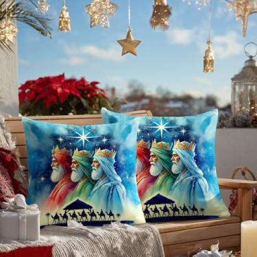 Imagem de HOMETITUTE Conjunto de 2 capas de almofada com estampa de três reis, 45,7 x 45,7 cm, decoração macia, silhueta de reis, presépio de Belém, estrela, quadrada, capas de almofada para sofá-cama