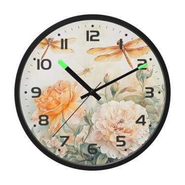 Imagem de SEHANY Relógio de parede com libélulas e flores silvestres silencioso, sem tique-taque, operado por bateria, controle de som, luz noturna, relógios de parede para sala de estar, cozinha, quarto