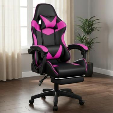 Imagem de Cadeira Gamer Premium Escritório Giratória 360º Reclinável com Apoio de Pés e Encosto Ajustável Couro PU(Rosa)