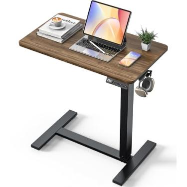Imagem de YOLEZO Mesa elétrica ajustável de altura – mesa de laptop portátil pequena com rodas ocultas, pequena estação de trabalho de computador para uso de cabeceira e escritório em casa (71 x 40 cm, nogueira