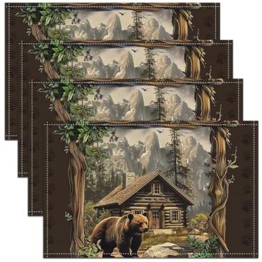 Imagem de jejeloiu Jogo americano de urso de cabana conjunto de 4 tapetes de mesa de urso ocidental para festa, cozinha, jantar, decoração, rústico, casa de fazenda, tapete para mesa, decoração de férias