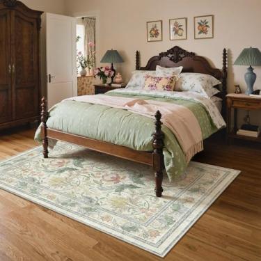 Imagem de Bavni Tapetes de área para sala de estar, microfibra lavável à máquina tapete floral vintage antiderrapante, tapete leve de pelo baixo para quarto, sala de jantar, escritório em casa, bege e verde