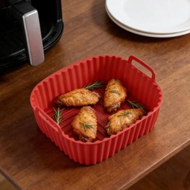 Imagem de Cesta quadrada de silicone para fritadeira a ar de 17 cm - assadeira antiaderente resistente ao calor com alças, reutilizável para fritadeira a ar/forno/micro-ondas (P: 17 x 14 x 4,35 cm) (vermelho)