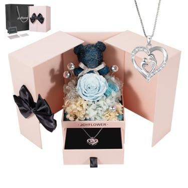 Imagem de JoyFlower Flores preservadas com colar presentes para mãe, urso de flor eterna rosa pérola exclusivo com colar presente para vovó, rosas azuis reais preservadas aniversário para mãe avó