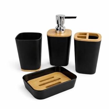 Imagem de KIT PARA BANHEIRO E LAVABO 4 PEÇAS PLÁSTICO COM ACABAMENTO EM MADEIRA DESIGN MODERNO E FUNCIONAL - IDEAL PARA DECORAÇÃO OU PRESENTEAR (Preto)