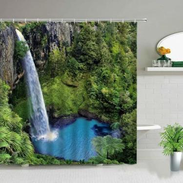 Imagem de Cortinas de chuveiro com paisagem de férias com palmeira do oceano, flor, planta, floresta, cachoeira, paisagem, banheiro, impermeável, cortina de banho 180 x 150 cm/LxA, resistente a mofo