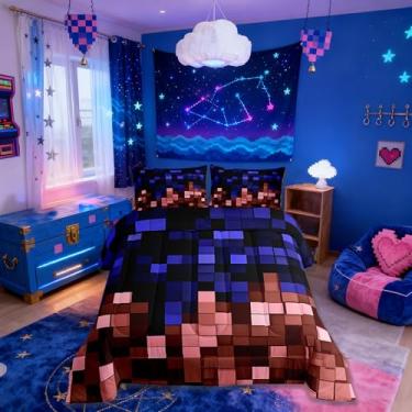 Imagem de Jogo de cama infantil Pixelated Miners, tamanho Queen, xadrez geométrico, videogame, gamepad, quadriculado, edredom para quarto, azul e vermelho, 2 fronhas