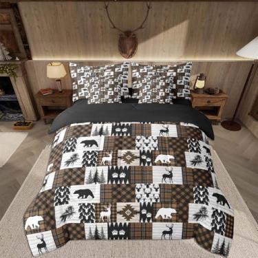 Imagem de Feelyou Conjunto de edredom queen com urso, 7 peças, cama de veado, cabana de fazenda, para crianças, meninas, com edredom, lençóis, fronhas, capas de almofada, buffalo, rústica, xadrez, preto