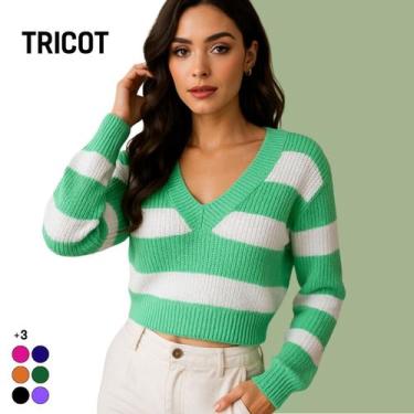 Imagem de Blusa Feminina Tricot Manga Longa Gola V Listrada Casual - Vitrine Col
