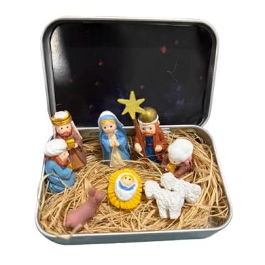Imagem de Hamosky Mini Presépio de Natal, estatuetas de metal em caixa de lata, família sagrada e animais, 9,5 x 6 x 2 cm, decoração religiosa para mesa, prateleira, escritório